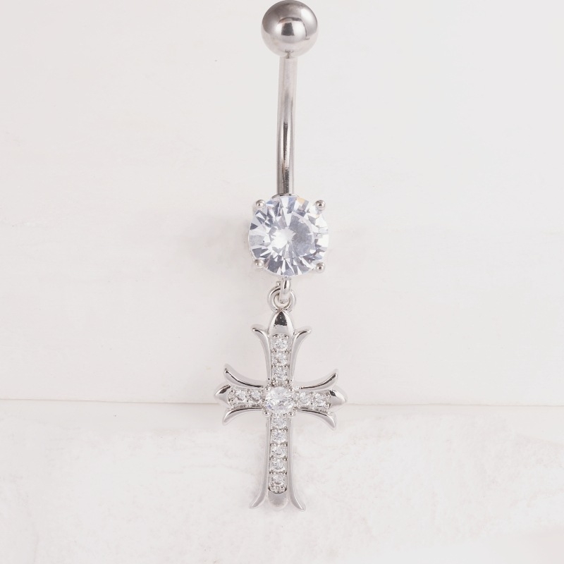 Meďový pupočný prsteň, kórejský štýl, kríž so zirkónom, perforovaný dizajn