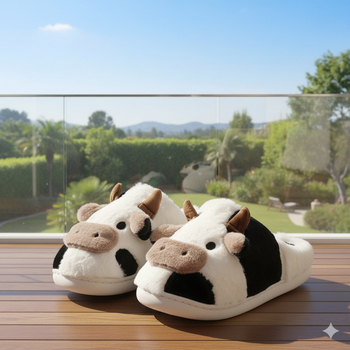Bavlnené papuče s motívom kreslenej kravy, plochá podrážka, hrúbka podrážky 0–3 cm, priedušné a pohodlné