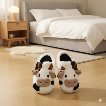 Bavlnené papuče s motívom kreslenej kravy, plochá podrážka, hrúbka podrážky 0–3 cm, priedušné a pohodlné