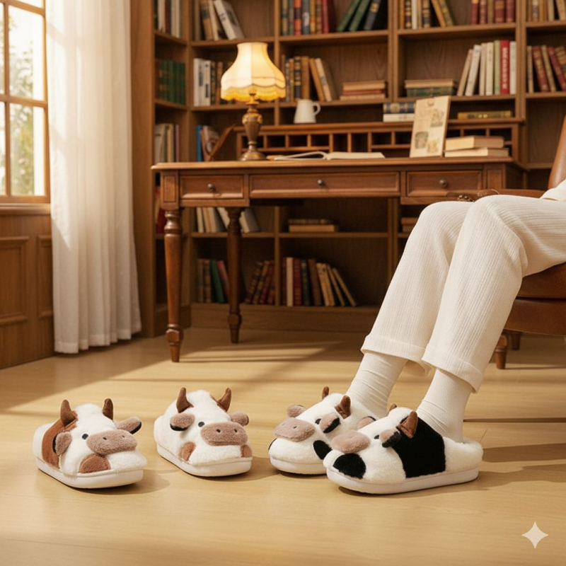 Bavlnené papuče s motívom kreslenej kravy, plochá podrážka, hrúbka podrážky 0–3 cm, priedušné a pohodlné
