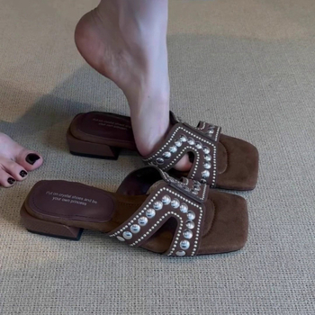 Dámske mule s štvorcovým nosom, jedným pásom, priedušný mikrofibrový vrchnok, gumová podrážka, retro štýl, slip-on