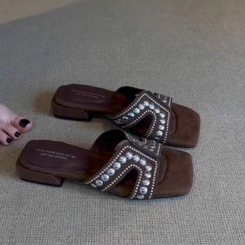 Dámske mule s štvorcovým nosom, jedným pásom, priedušný mikrofibrový vrchnok, gumová podrážka, retro štýl, slip-on