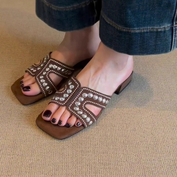 Dámske mule s štvorcovým nosom, jedným pásom, priedušný mikrofibrový vrchnok, gumová podrážka, retro štýl, slip-on