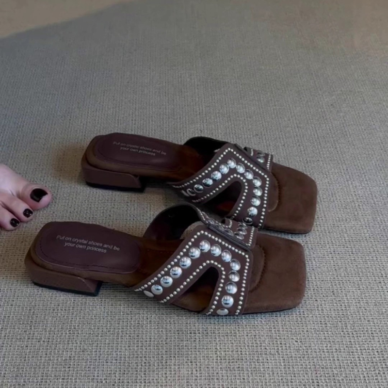 Dámske mule s štvorcovým nosom, jedným pásom, priedušný mikrofibrový vrchnok, gumová podrážka, retro štýl, slip-on