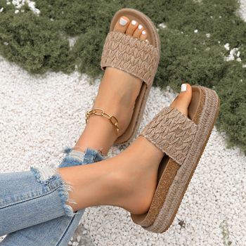 Dámske ploché sandále s vrchnou časťou z ľanu, okrúhla špička, sieťový vnútorný materiál, gumová podrážka — jar 2025