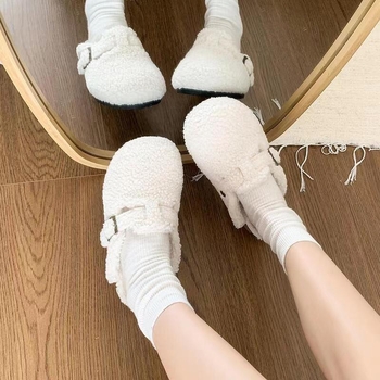 Papuče v štýle Kórea s hrubou podrážkou, semišový vrch, gumová podrážka, umelé chlpaté podšívky, dizajn na zvýšenie výšky, jeseň-zima 2024