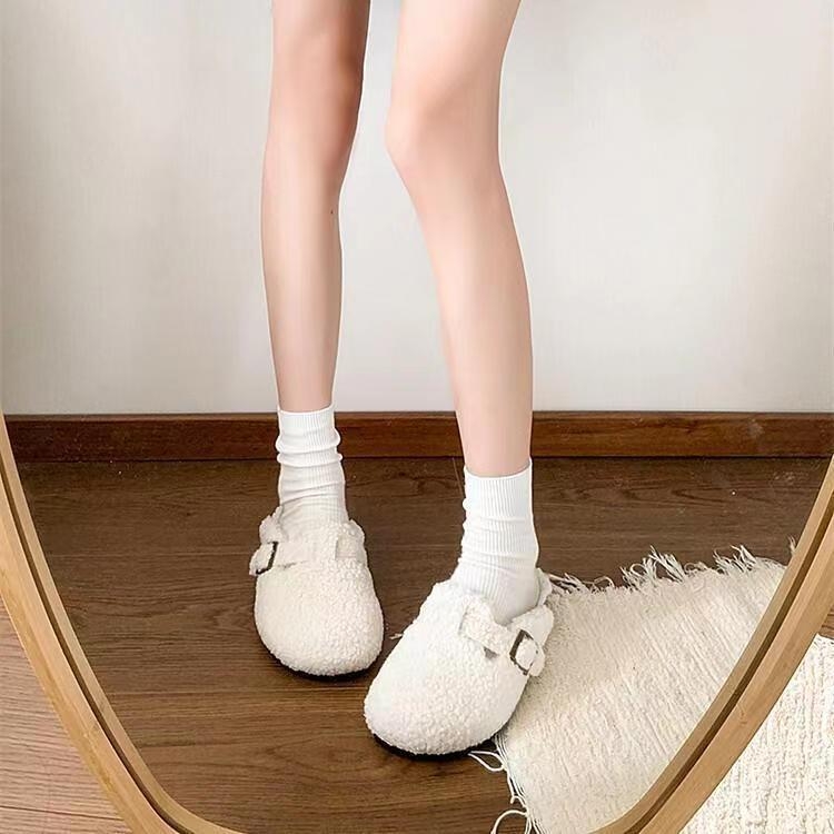 Papuče v štýle Kórea s hrubou podrážkou, semišový vrch, gumová podrážka, umelé chlpaté podšívky, dizajn na zvýšenie výšky, jeseň-zima 2024