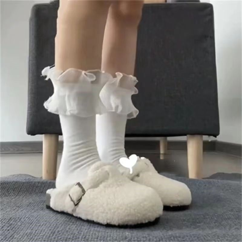 Papuče v štýle Kórea s hrubou podrážkou, semišový vrch, gumová podrážka, umelé chlpaté podšívky, dizajn na zvýšenie výšky, jeseň-zima 2024