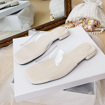 Dámske priehľadné sandále s PVC páskou, plochá podrážka, ľahké, protišmyk