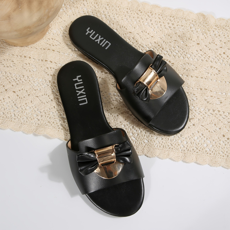 Dámske slip-on sandále s motýľovým uzlom, okrúhla špička (Horný materiál: syntetická koža; Podrážka: plast; Zapínanie: slip-on; Štýl: bežný)