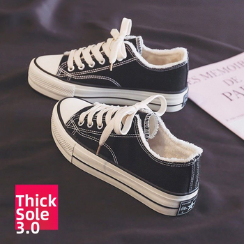 Tenisky z plátna pre dospelých – unisex, šnurovanie, vulkanizovaná gumová podrážka s hrubou podrážkou, podšívka z umelej plyše, nízky horný diel, na jeseň