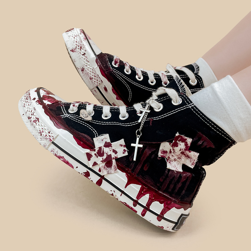 Канвасови дамски обувки Mid-top, графити модел, дишащи, вулканизирана гумена подметка, връзки