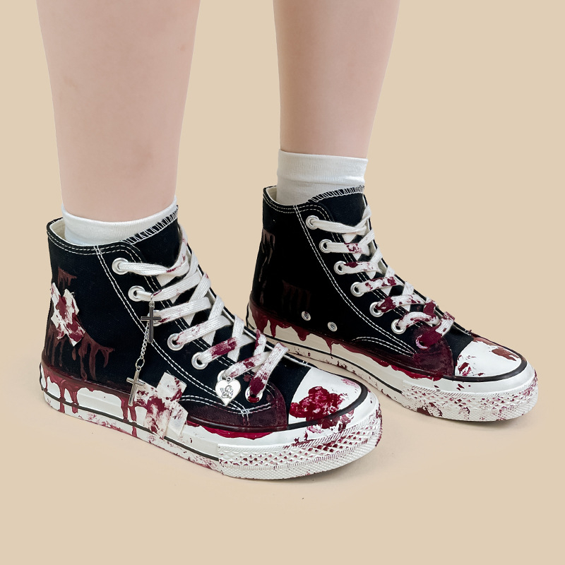 Канвасови дамски обувки Mid-top, графити модел, дишащи, вулканизирана гумена подметка, връзки