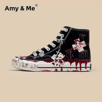 Дамски канвасови обувки с висока горна част, графити принт, дишащи, вулканизирана гумена подметка, средна височина 3–7 см, връзки, платнено вътрешно покритие, пролет