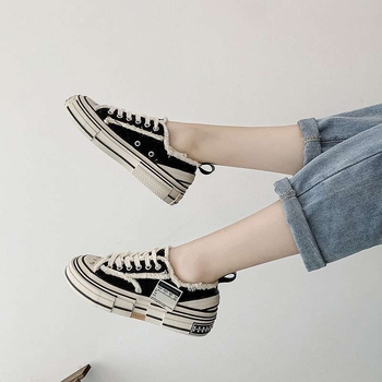 Дамски платнени обувки, висока горна част, райета, дебела подметка от полииуретан, връзки