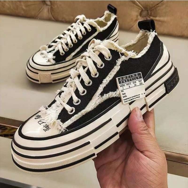 Дамски високи канвасови обувки, полиуретанова подметка, райета, връзки, корейски стил