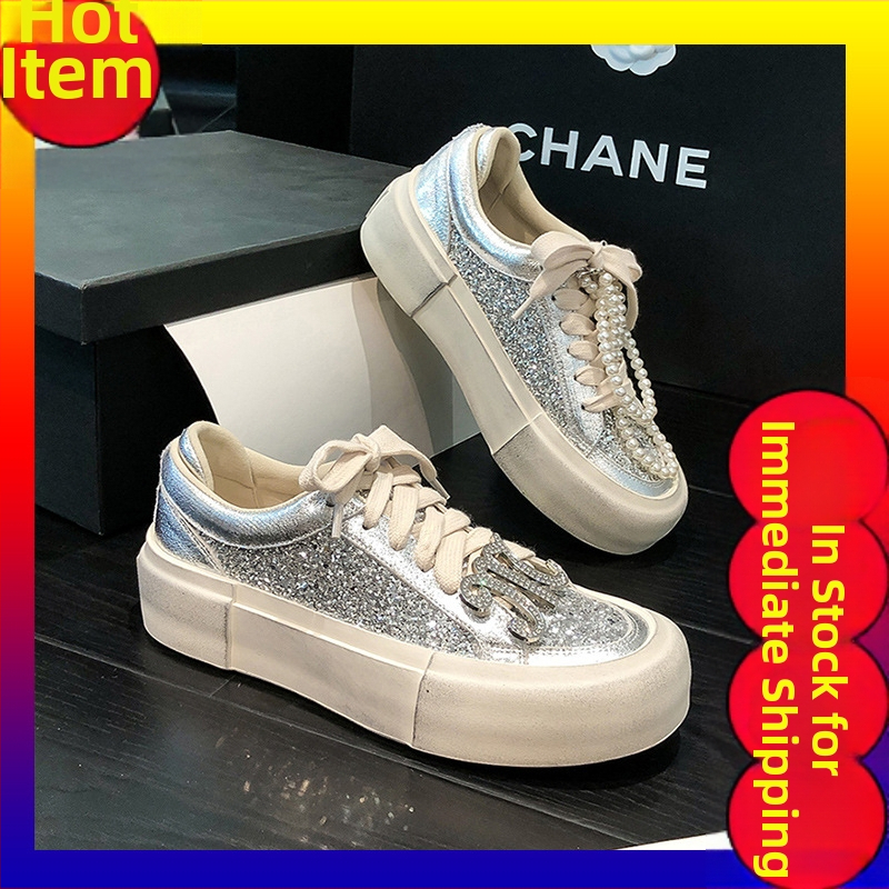 Дамски маратонки с дебела подметка за повишаване на височината, канвасово горно, гумена подметка, средна височина на горната част 3–7 см, предно връзване, стил Korea, платнена подплата, пайети