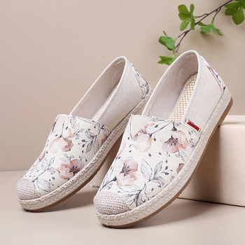 Pantofi dama din plasă slip-on, stil casual, vârf rotund, model floral, talpă PVC, toc plat mic