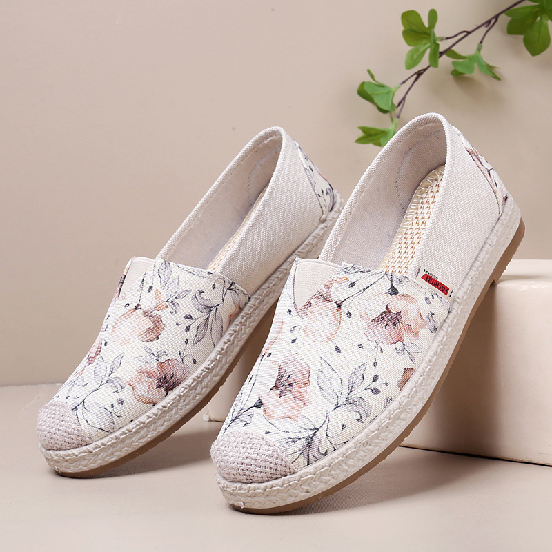 Pantofi dama din plasă slip-on, stil casual, vârf rotund, model floral, talpă PVC, toc plat mic