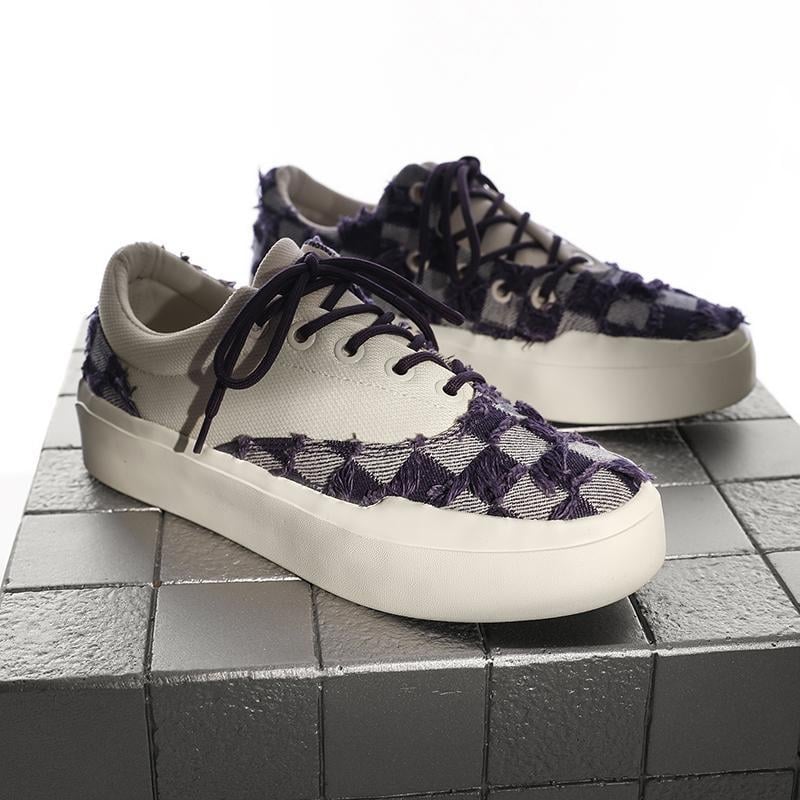 Vysoké-top PU tenisky s checkerboard vzorom – šnúrky, vnútorná textília, proti nárazu, letné uvedenie 2025