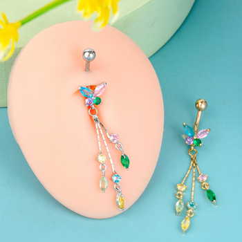 Inel pentru buric cu ciucuri, pene și zirconiu — inel lung geometric pentru buric, bază din cupru cu ac din oțel inoxidabil medical 316, bijuterii feminine