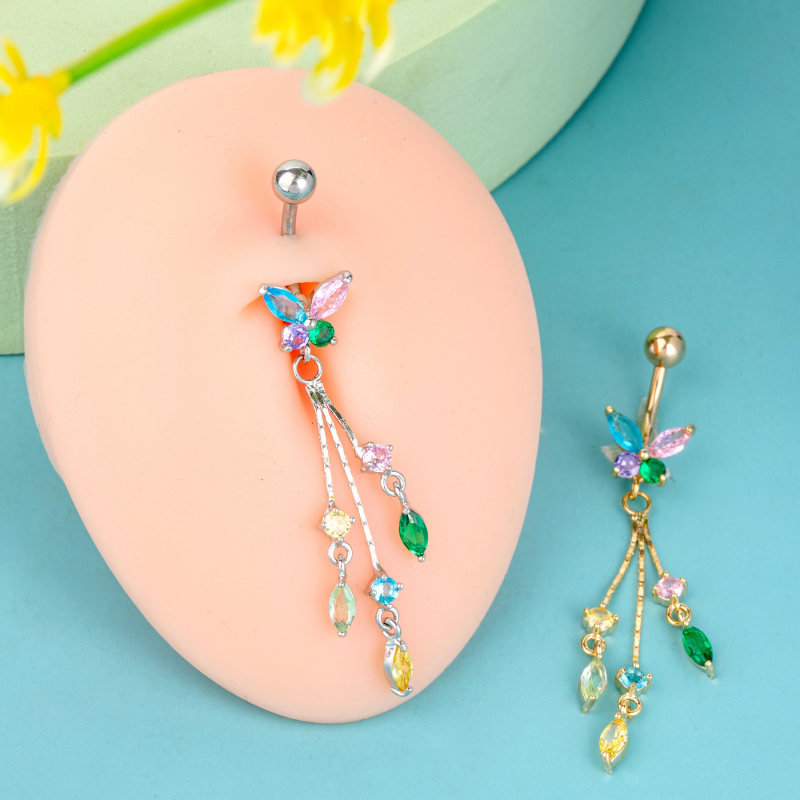 Inel pentru buric cu ciucuri, pene și zirconiu — inel lung geometric pentru buric, bază din cupru cu ac din oțel inoxidabil medical 316, bijuterii feminine