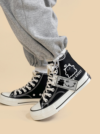 Pantofi sport din pânză cu model graffiti pentru femei, partea superioară din piele artificială, șireturi, talpă din cauciuc, profil scăzut, încălțăminte casual de toamnă