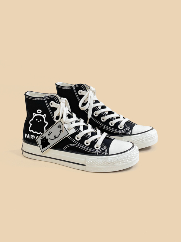 Pantofi sport din pânză cu model graffiti pentru femei, partea superioară din piele artificială, șireturi, talpă din cauciuc, profil scăzut, încălțăminte casual de toamnă