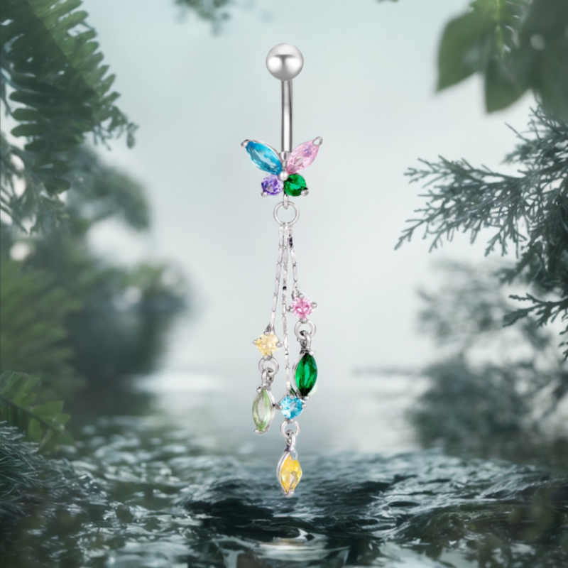 Prsteň na pupok s strapkou, pierkom a zirkónom – Geometrický dámsky pupný prsteň, meď s povlakom a 316 lekárskej nehrdzavejúcej ocele ihla