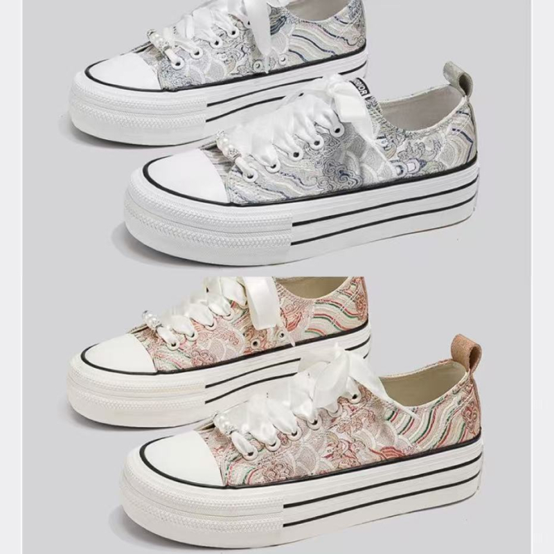 Pantofi sport damă din canvas, stil chinezesc, partea superioară din plasă, talpă din cauciuc, șireturi, talpă groasă ce mărește înălțimea, respirabili