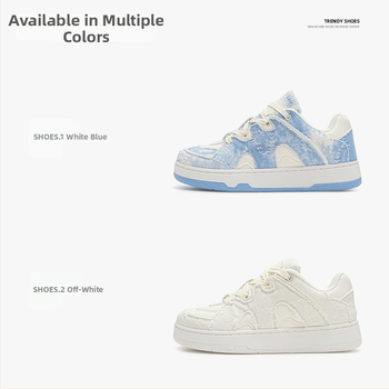 Denimové tenisky s hrubšou podrážkou, farebný blok vzor, okrúhla špička, nízky podpätok 1-3 cm, šnurovanie