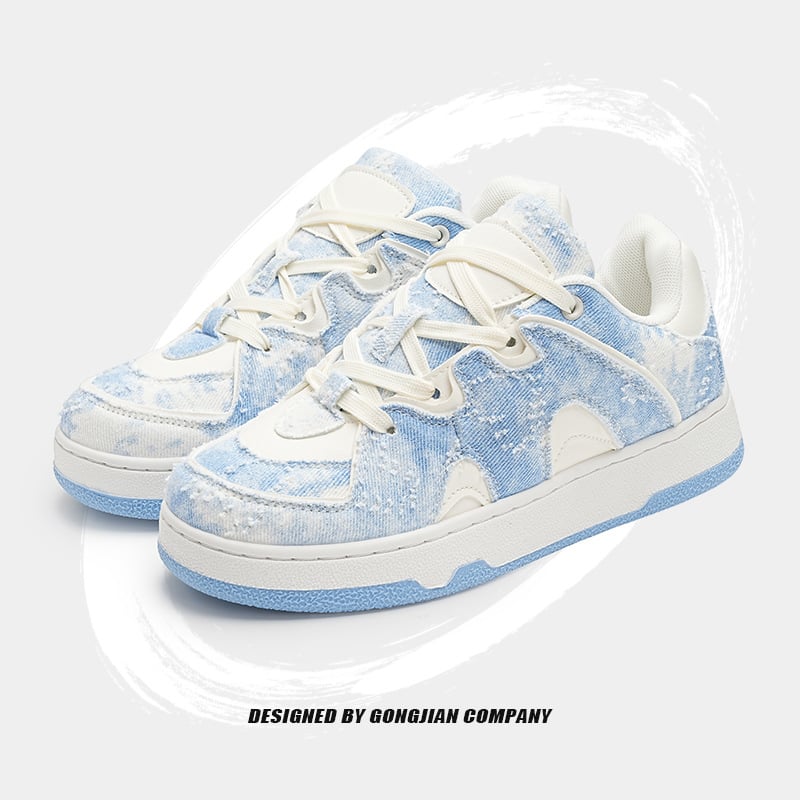 Дънкови маратонки с дебел под, дизайн в цветово блок, закръглен нос, нисък ток 1-3 см, връзки