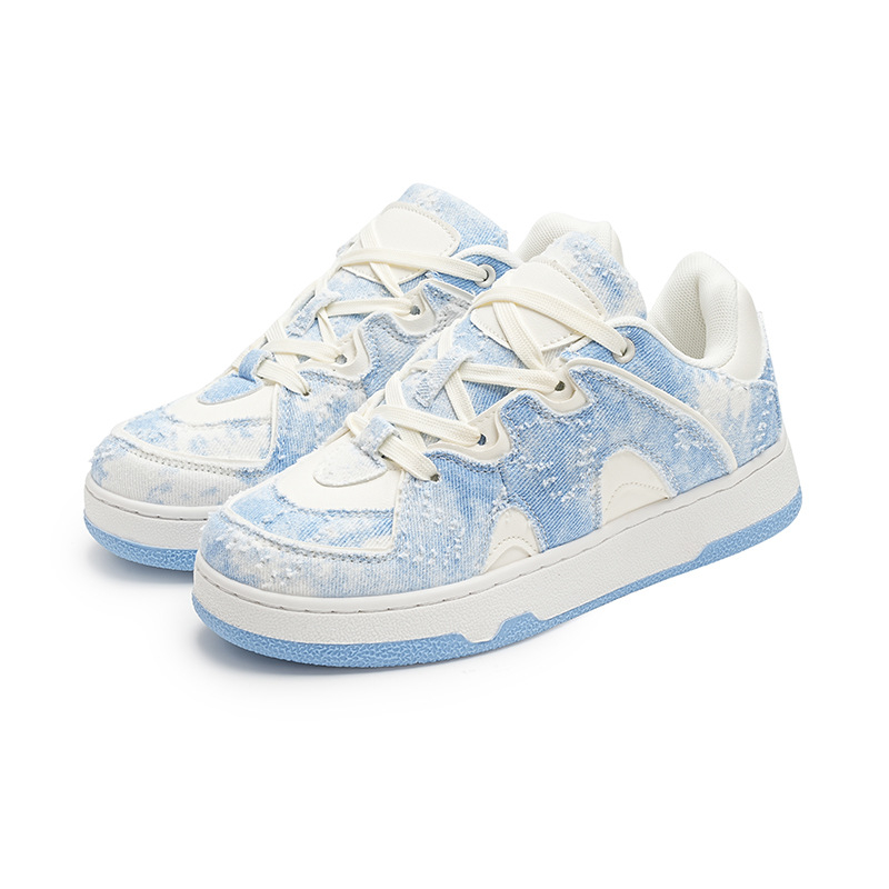 Denimové tenisky s hrubšou podrážkou, farebný blok vzor, okrúhla špička, nízky podpätok 1-3 cm, šnurovanie