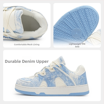 Denimové tenisky s hrubou podrážkou, vzor color-block, každodenný ležérny štýl, zaoblená špička, nízky podpätok 1–3 cm, zapínanie na šnúrky