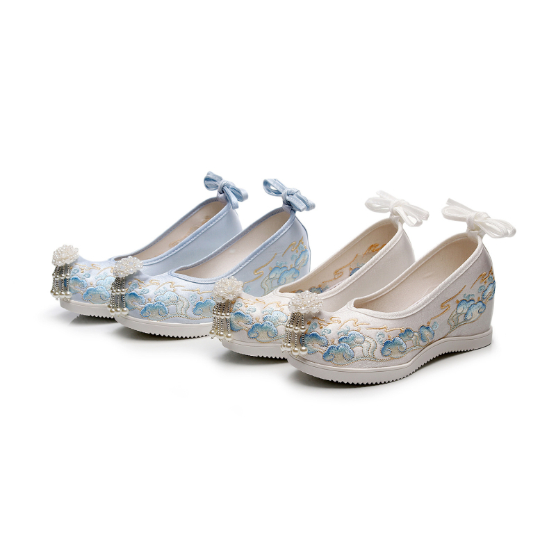 Hanfu saténové topánky pre ženy, s výškou na zvýšenie, špičatý nos, šnúrky, podpätok 6–8 cm