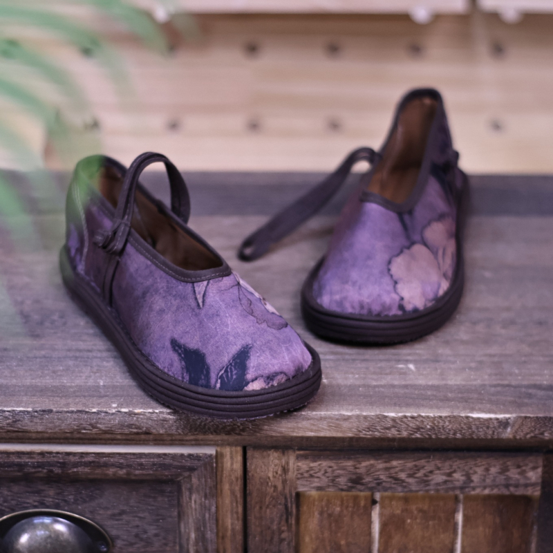 Ръчно тъкани обувки за жени: памучен връх, подметка с многослоен слой, кръгъл пръст, нисък ток, еластично закопчаване