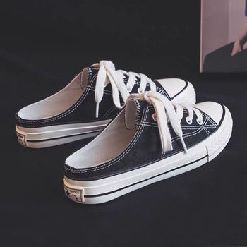 Канвасови обувки за жени в корейски стил, slip-on, нисък горен край, вулканизирана гума подметка
