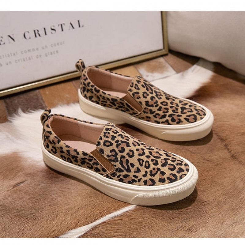 Дамски платнени обувки с леопардов принт, slip-on модел, лятна casual обувка с дебела подметка
