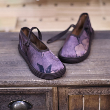 Дамски платнени обувки с многослойна подметка, флорален принт, памучна горна част, кръгъл нос, ластично закопчаване