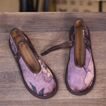 Дамски платнени обувки с многослойна подметка, флорален принт, памучна горна част, кръгъл нос, ластично закопчаване