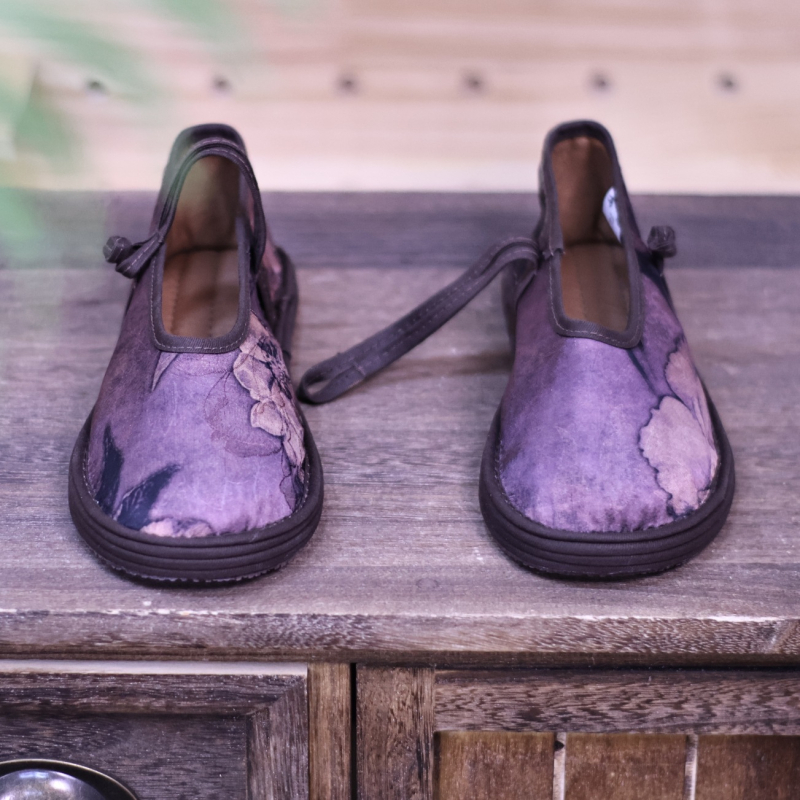 Дамски платнени обувки с многослойна подметка, флорален принт, памучна горна част, кръгъл нос, ластично закопчаване