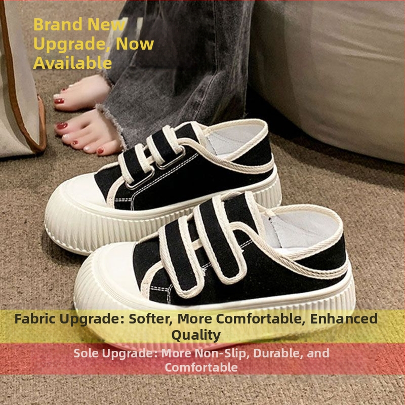 Дамски канвасови обувки, нисък връх, без връзки с велкро, дебела гумена подметка за повишаване на височината.