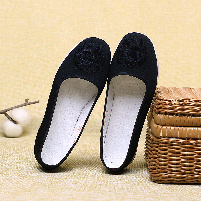 Pantofi dama din pânză, lucrate manual, partea superioară din bumbac, respirabili, vârf rotund, talpă plată