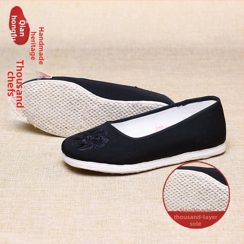 Дамски платнени обувки с ръчна бродерия, кръгъл нос, платнена горна част, цветя, плоска подметка