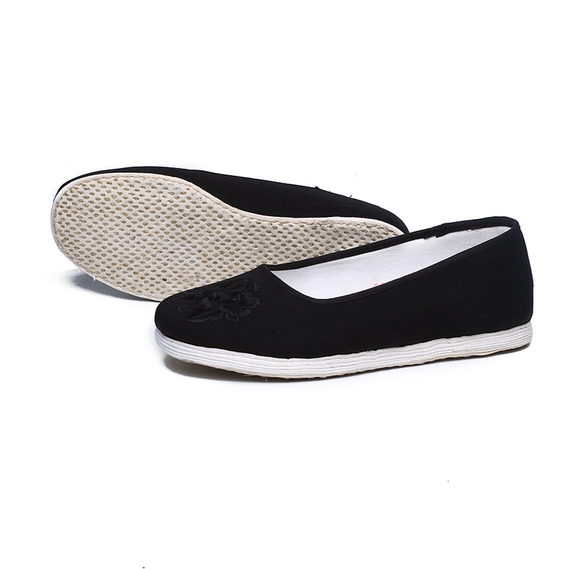 Pantofi dama din pânză cu broderie florală, partea superioară din bumbac, vârf rotund, talpă plată, cusute