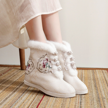 Ханфу стил женски къси ботуши, платнена горна част, подметка от говеждо сухожилие, плюшена подплата, клиновиден ток 6–8 см, закопчаване с катарама