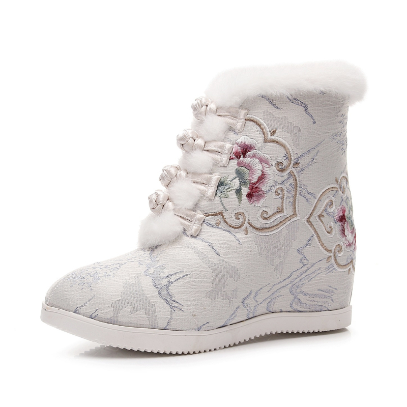 Ханфу стил женски къси ботуши, платнена горна част, подметка от говеждо сухожилие, плюшена подплата, клиновиден ток 6–8 см, закопчаване с катарама