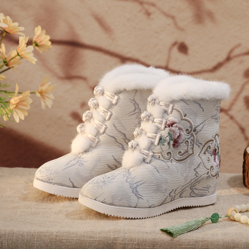 Ханфу стил женски къси ботуши, платнена горна част, подметка от говеждо сухожилие, плюшена подплата, клиновиден ток 6–8 см, закопчаване с катарама