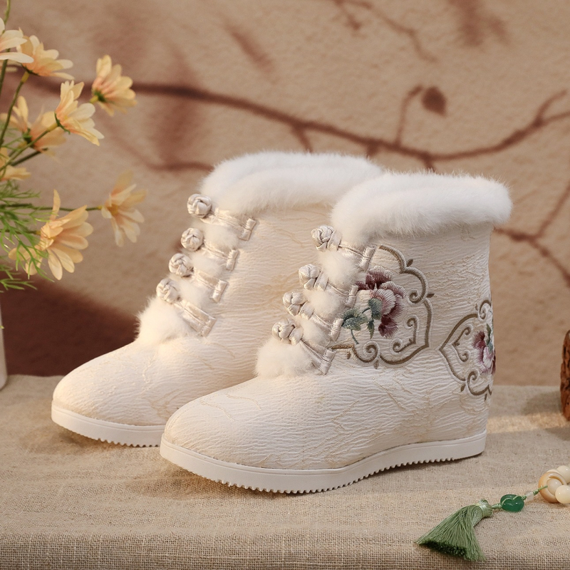 Ханфу стил женски къси ботуши, платнена горна част, подметка от говеждо сухожилие, плюшена подплата, клиновиден ток 6–8 см, закопчаване с катарама