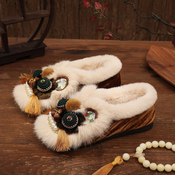 Pantofi de pânză pentru femei, cu cap de tigru, lucrate manual, stil Hanfu, pentru iarnă, partea superioară din velur